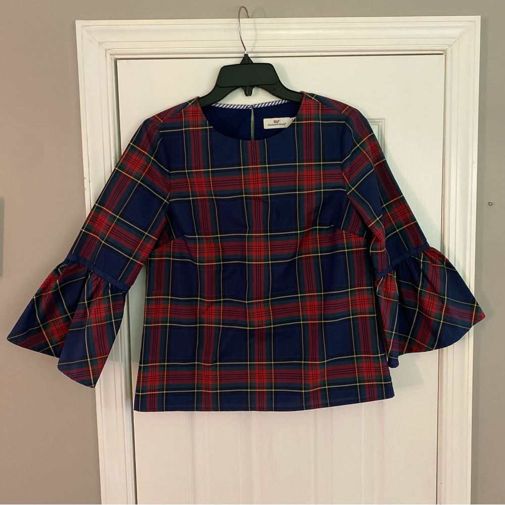 Vineyard Vines Jolly Plaid Bell Sleeve Top Taffeta Womens Size 0 Red Blue Xmas